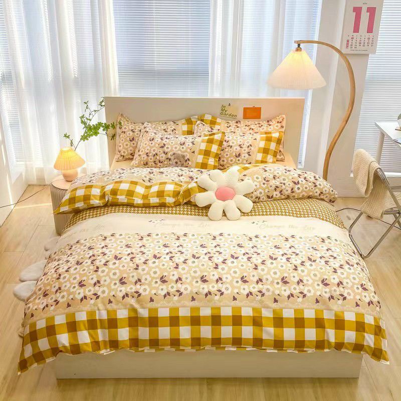 Bộ Vỏ Chăn Ga Gối Cotton Poly Mẫu Hoa Cúc Vàng