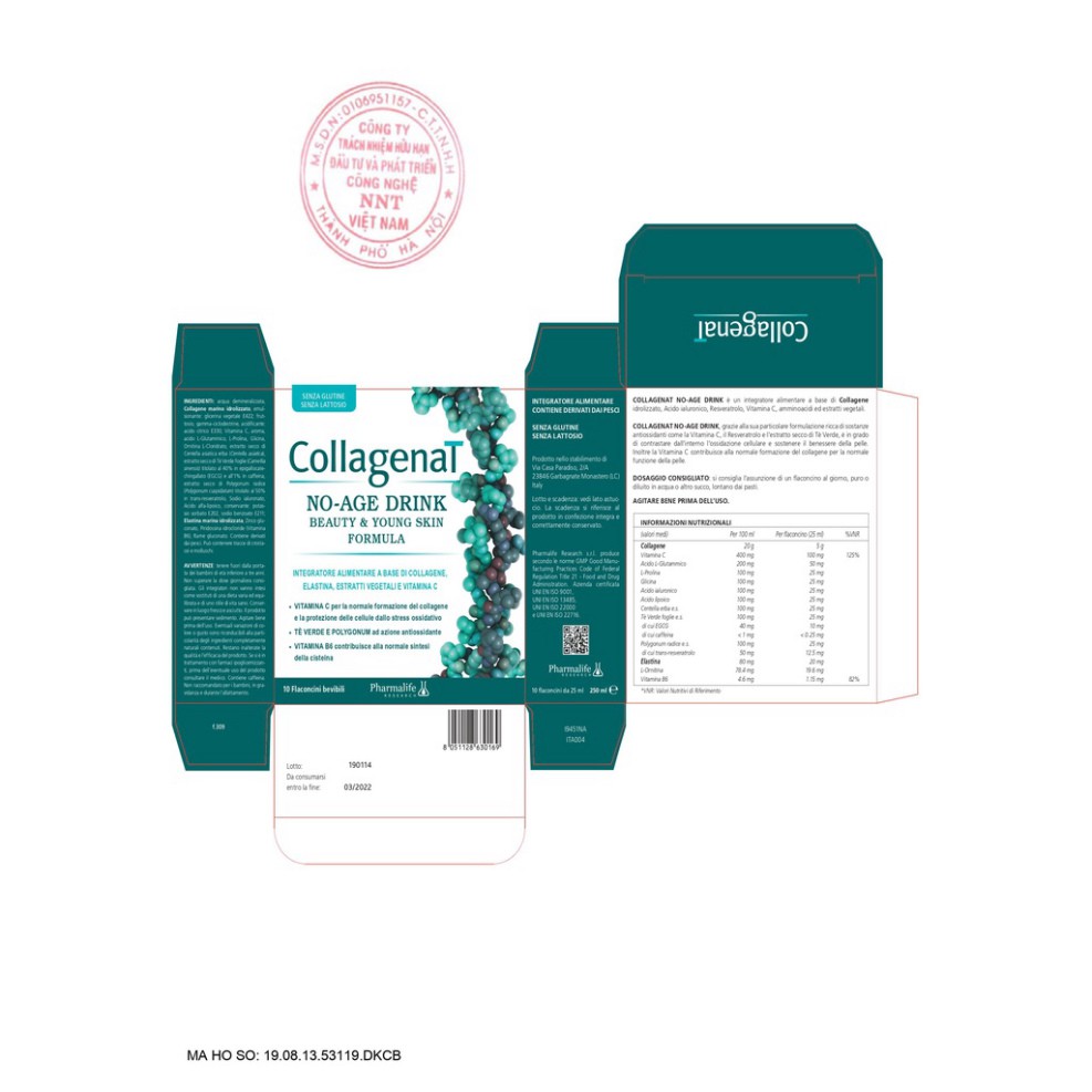[CHÍNH HÃNG] Thực phẩm hỗ trợ giảm quá trinh lão hóa và làm sáng da Pharmalife Collagenat No-Age Drink 25ML X 10