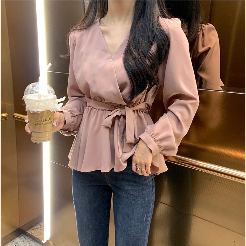 Áo kiểu nữ tay dài cổ chữ V thời trang Hàn Quốc 32531