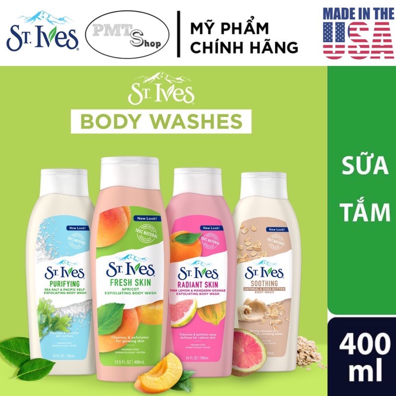 [USA] Sữa tắm ST.IVES 400ML muối biển và tảo bẹ | Cam Chanh | Yến Mạch & Bơ - Mỹ