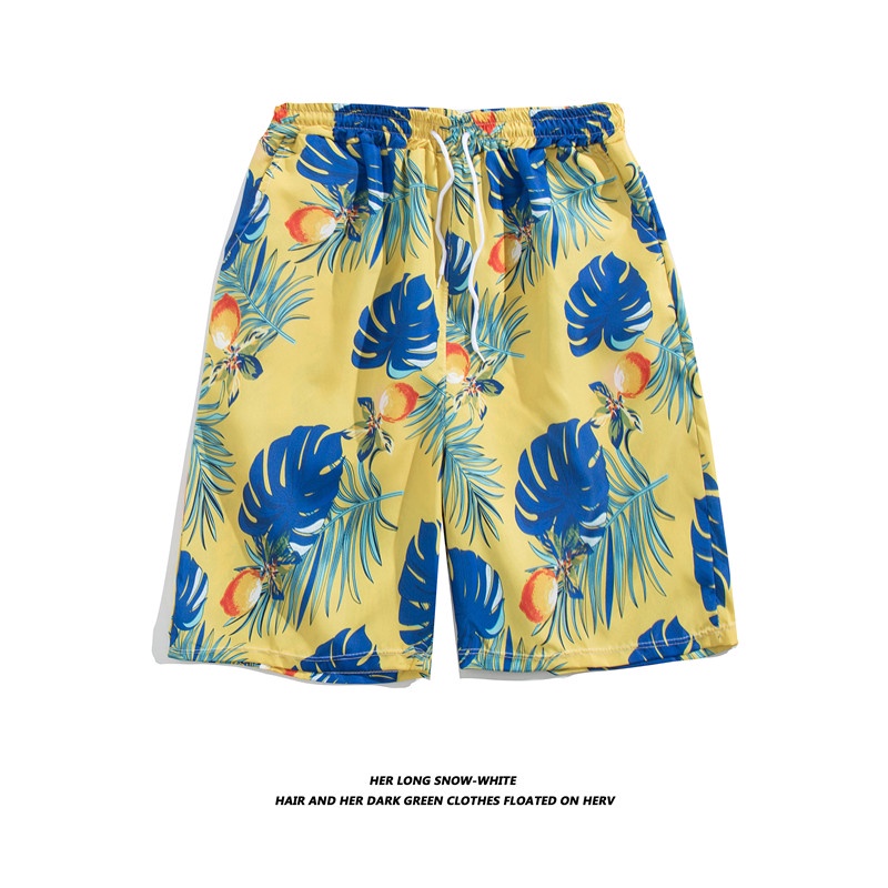 Quần Short Dây Rút Dáng Rộng Thoáng Khí In Họa Tiết Hoa Lá Phong Cách Hawaii Thời Trang Mùa Hè Cho Nam