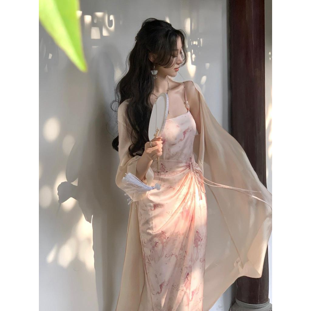 BST Khóa Thanh Thu Trung Hoa Mới Hai Màu vải Satin Váy y+Cardigan cho nữ