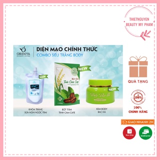 Combo siêu trắng body: bột tắm tinh cám cafe, kem body bạc hà, khóa trắng sữa non ngọc trai