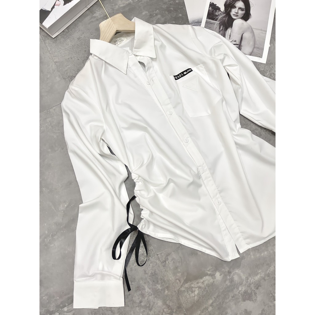 ASM2221 ÁO SƠ MI LOGO PRAD RÚT DÂY CHO NỮ
