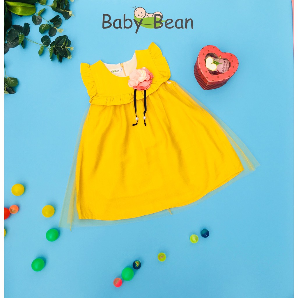 [MÃ THƯƠNG HIỆU YÊU THÍCH Voucher giảm 10%] Đầm Đũi Phối Cotton Phủ Lưới Đính Hoa Bé Gái BabyBean