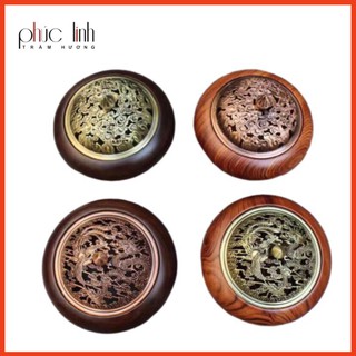 Lư Đốt Trầm Gỗ Nắp Đồng_Tặng Kèm Nụ Trầm Viên_Xông Nụ, Khoanh Trầm_Cao 5,5cm_Đường Kính 7,5cm_Họa Tiết Giao Ngẫu Nhiên