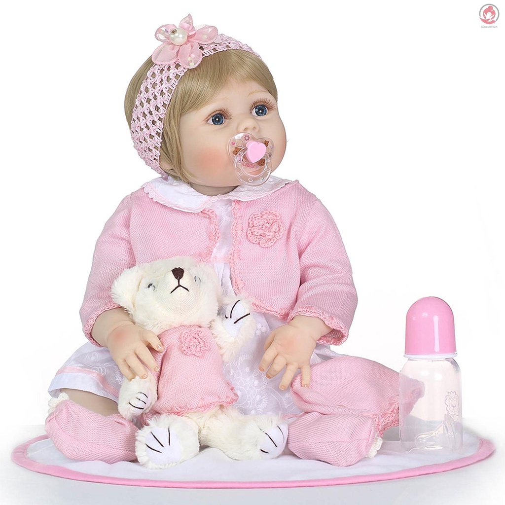 BAG Reborn Baby Girl Doll 22 inch Soft Full Silicone Vinyl Body Lifelike Toddler Doll Play House Bath Toy Gift for ages 3+ With Pink  Sweater Plush Toys