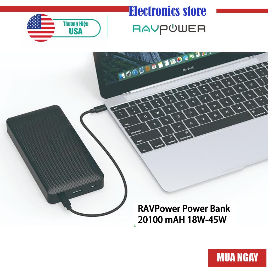 [Mã ELMS4 giảm 7% đơn 500K] Sạc dự phòng Macbook Air, iPad Pro, iPhone RAVPOWER RP-PB095 20100mAh - PD 45W &amp; QC 3.0 18W