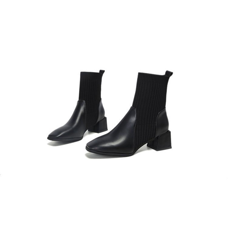 T04D - Giày boots nữ gót vuông 5 cm cổ len chun phối da lỳ sang chảnh, phù hợp đi làm, đi học, dạo phố | BigBuy360 - bigbuy360.vn