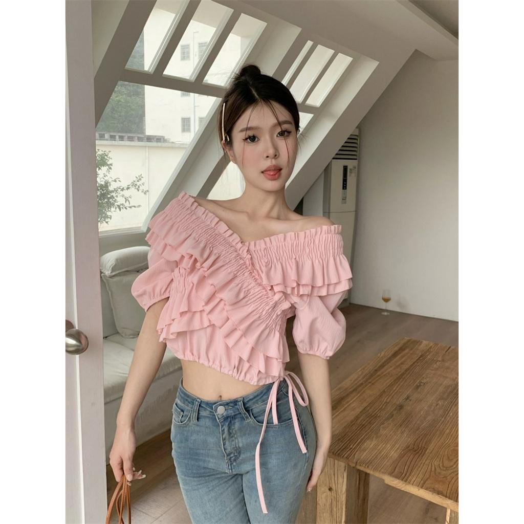 ZHELIHANGFEI Áo Kiểu Trễ Vai Tay Ngắn Màu Hồng Ngọt Ngào