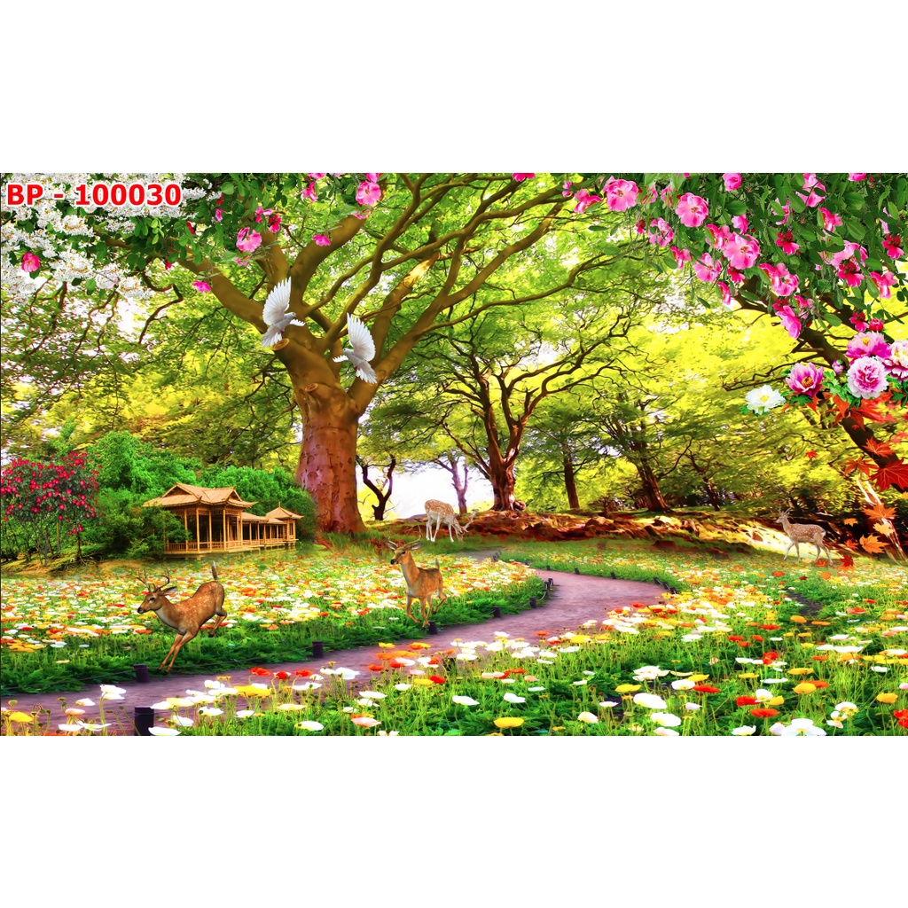 Tranh dán tường phong cảnh cánh rừng hoa, cây cối xanh tốt tạo cảm rác yên bình