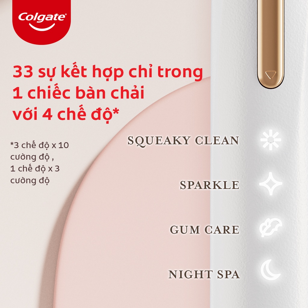 Bàn chải điện Colgate trắng sáng răng công nghệ sóng âm với 33 chế độ chăm sóc nướu tối ưu .