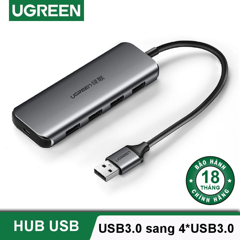 Hub chia USB 3.0 4 cổng Chính Hãng UGREEN 50768 CM207,vỏ nhôm+Cổng Trợ Nguồn micro USB