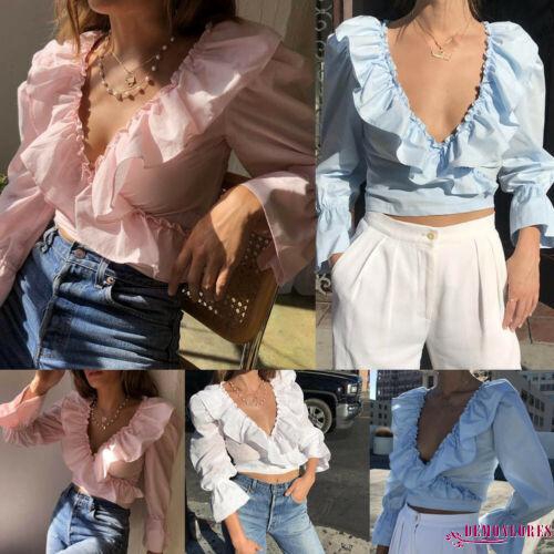 Áo croptop tay phồng dài cổ chữ V phối bèo thời trang mùa thu dành cho nữ