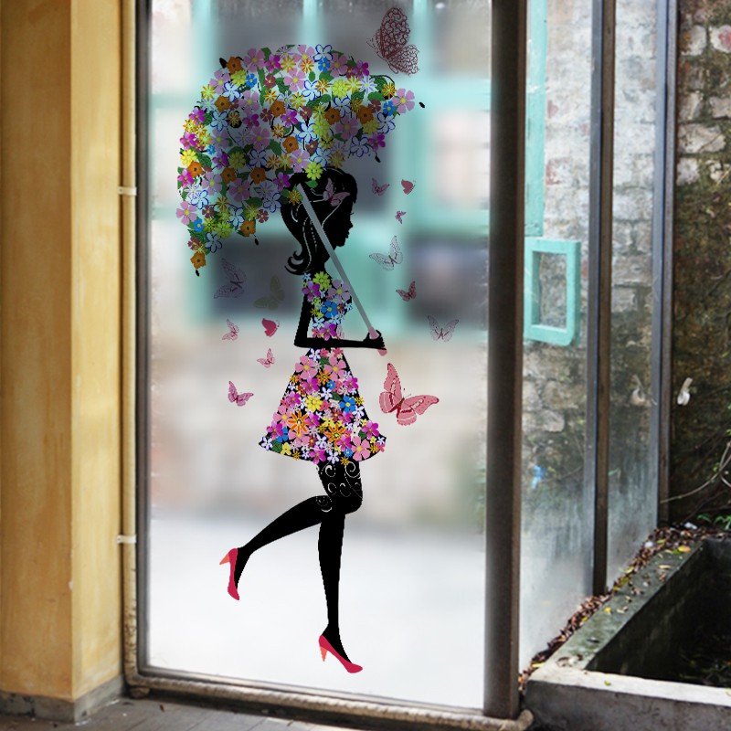 Decal dán kính cao cấp - Cô Gái Cây Dù Hoa ( 60x116cm )