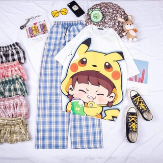 Set áo thun tay lỡ cô bé pikachu + quần kẻ caro ống suông rộng kT