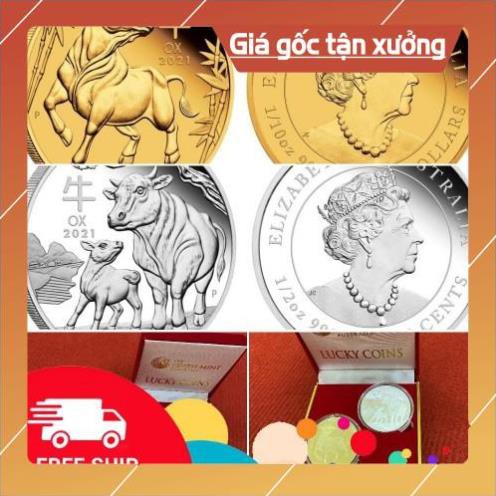 Tiền Lì Xì Bộ tiền xu Úc hình con trâu Vàng Bạc giá rẻ + hộp nhung sang trọng 2021