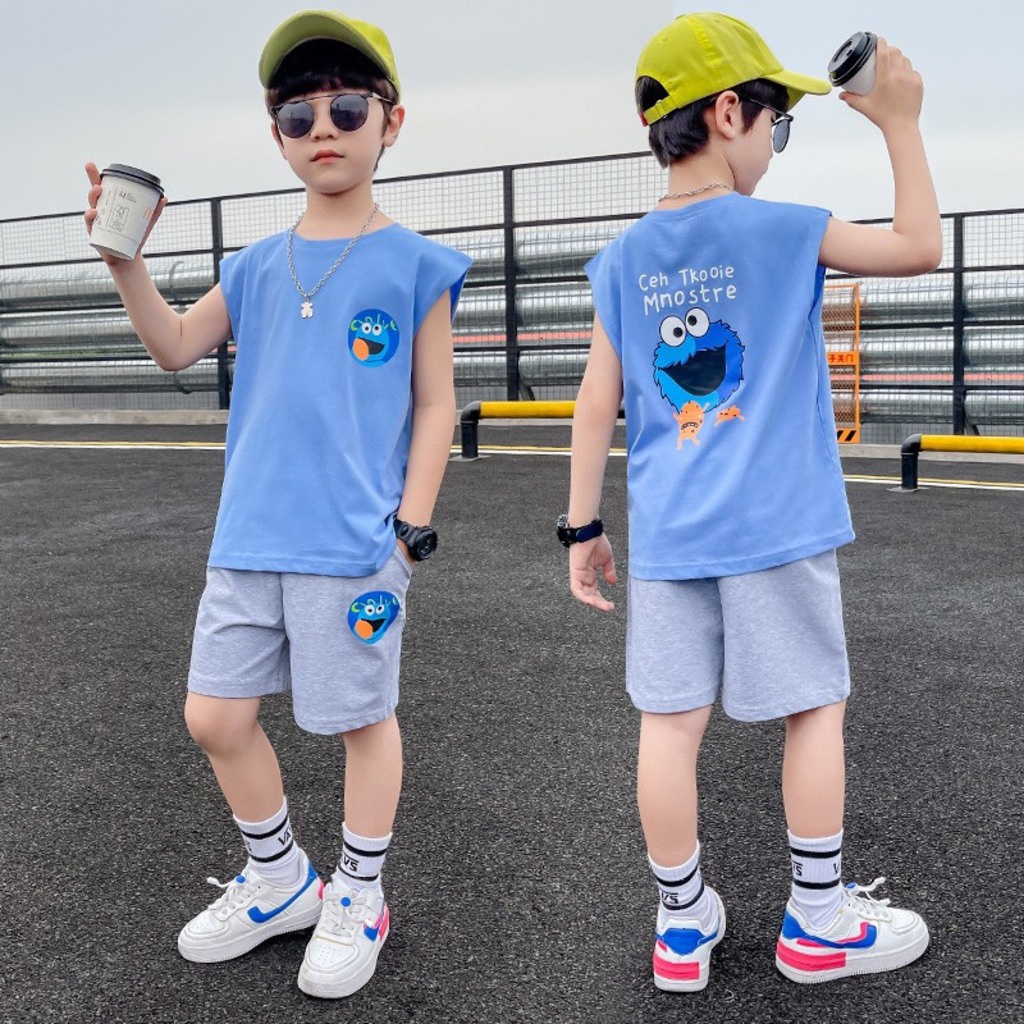 Bộ sát nách cho bé trai BINBON KIDS, Bộ quần áo ba lỗ cho bé trai in hinh Mnostre cho bé 7-28kg