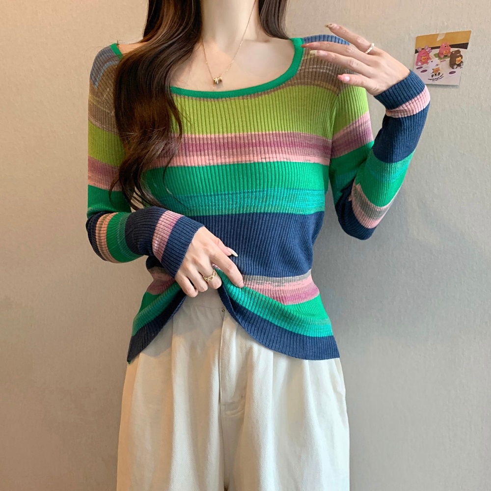 Áo dệt kim ZHELIHANGFEI tay dài dáng ôm họa tiết sọc màu cầu vồng dễ phối đồ thời trang