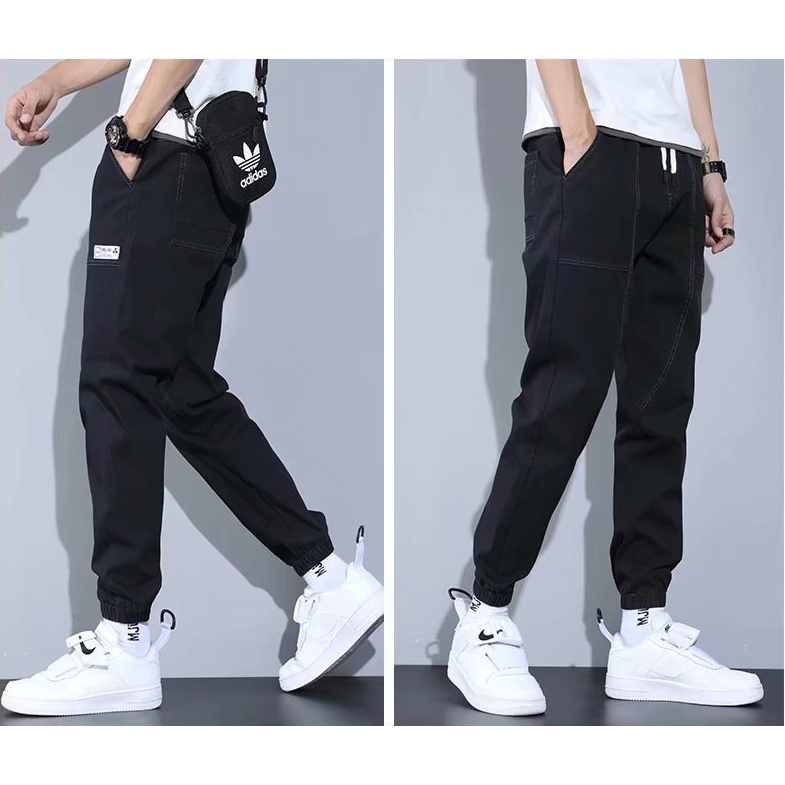 Quần Jogger Jeans nam màu đen logo thêu bó gấu lưng chun 752w 2021 pon.mens