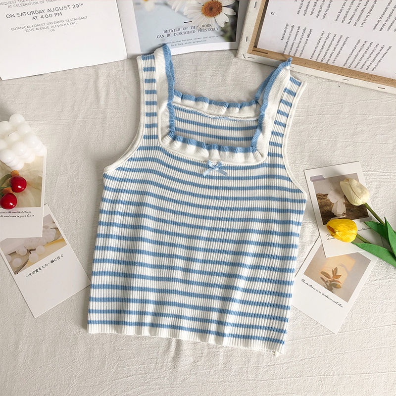 Áo Hai Dây Dệt Kim Dáng Ôm Kẻ Sọc Thắt Nơ Sau Lưng Phong Cách Hàn Quốc Thời Trang Mùa Hè Cho Nữ