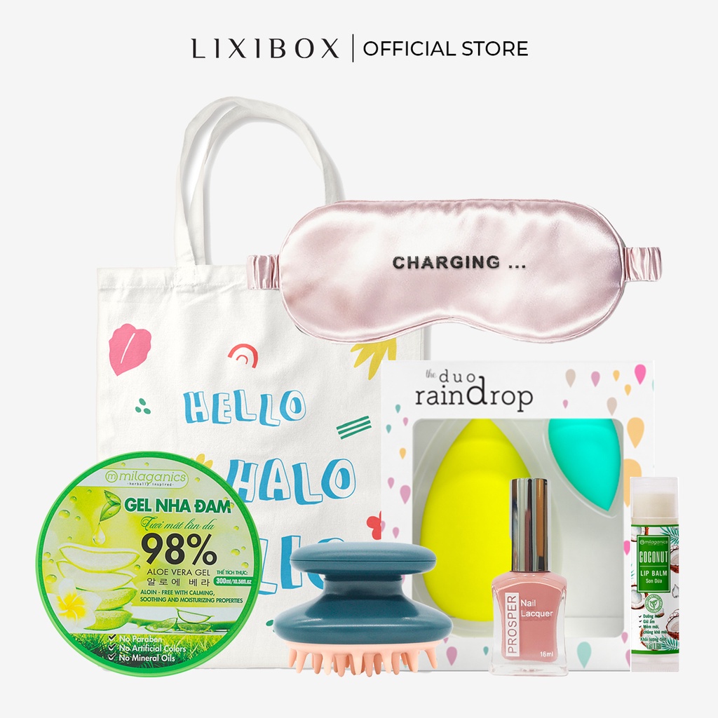 [HB Gift] Combo Gel nha đam Milaganics, Sơn Móng Prosper, Bịt mắt ngủ, Túi vải Halio,Lược Lixibox,bông mút, son dừa