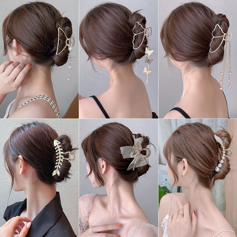 Kẹp Tóc Hình Bướm Bằng Kim Loại Đính Ngọc Trai Tua Rua Thời Trang