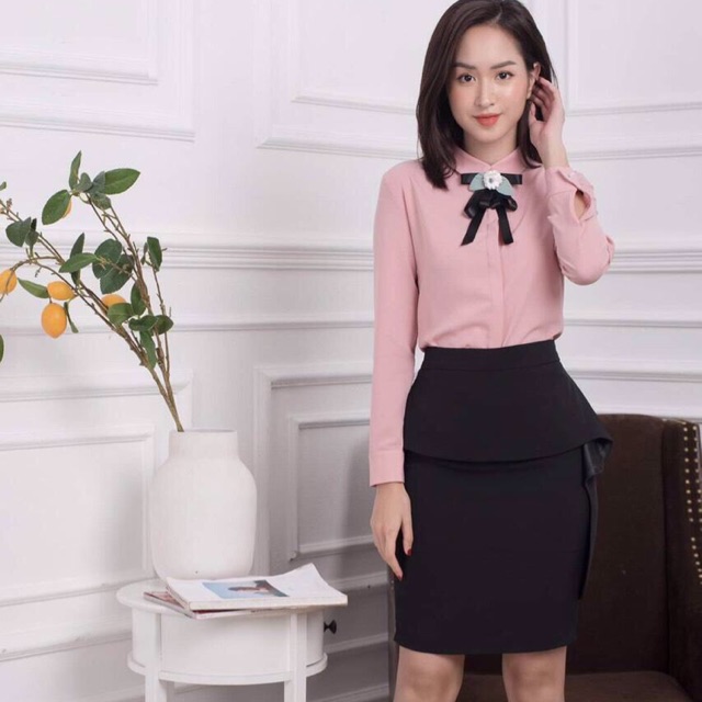 Chân váy nữ công sở họa tiết bèo trên