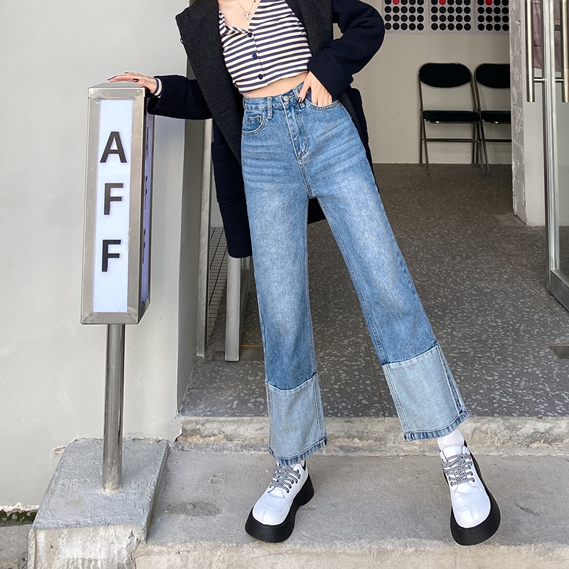 Quần jean nữ ống rộng lưng cao phong cách Hàn Quốc