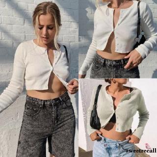 Áo Croptop dệt kim tay dài phối nút thời trang