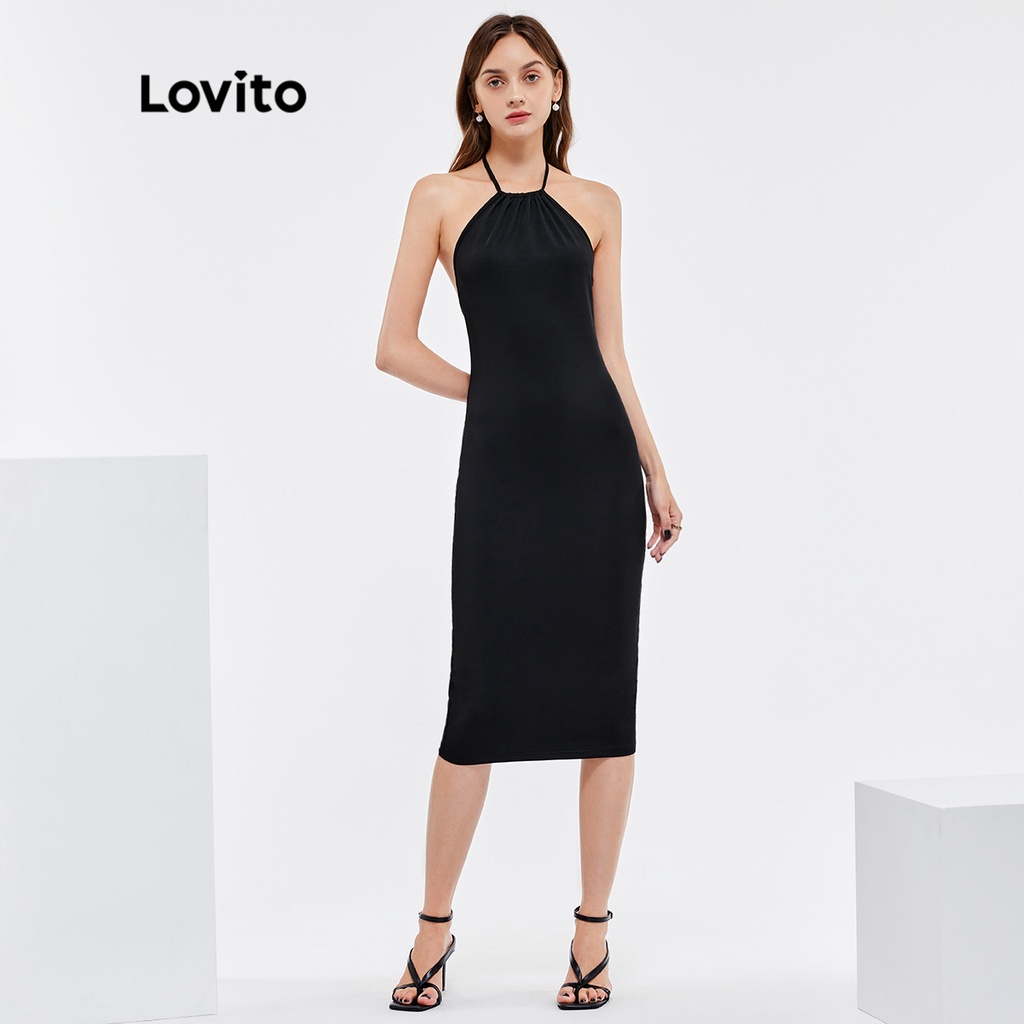 113XJ Đầm Lovito buộc dây đắp chéo mông màu trơn phong cách vintage L25AD145