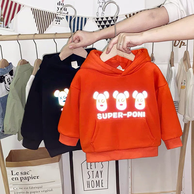 Áo hoodie nỉ bé trai Con Xinh phom rộng phản quang 7 màu 3 CHÚ GẤU,thời trang thu đông dành cho trẻ em từ 4 đến 10 tuổi