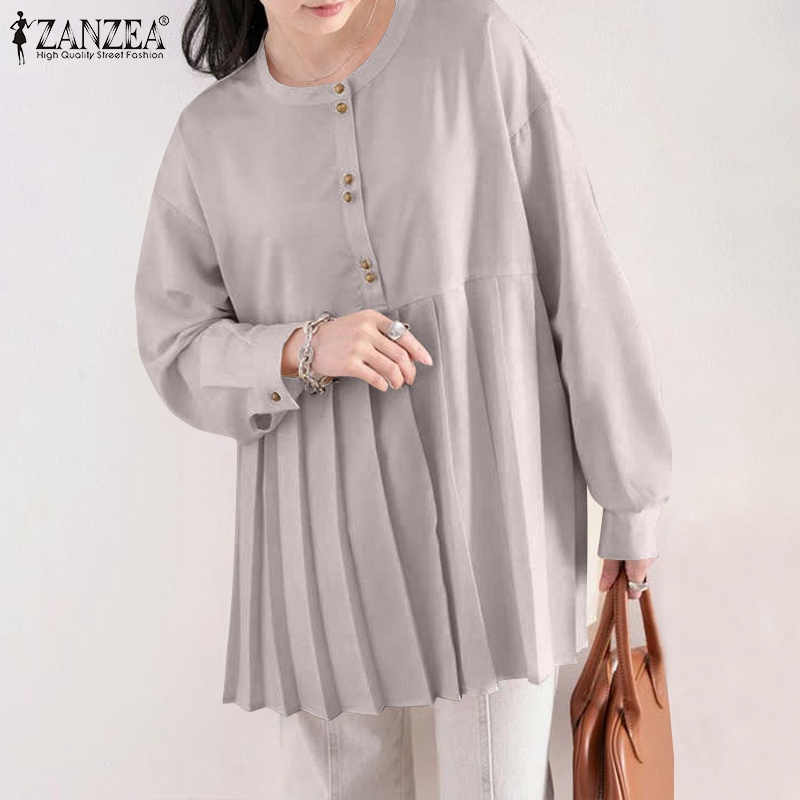 Áo kiểu Zanzea tay dài cổ tròn có nút cài phong cách Hàn Quốc trẻ trung dành cho nữ