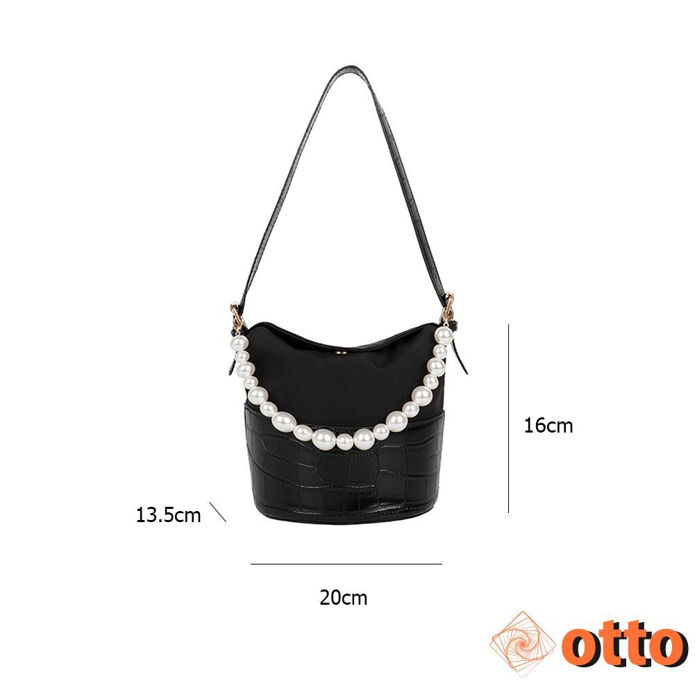Women Solid Pearl Chain Shoulder Bag Street Commuter Totes Portable PU Leather Top-handle Handbag