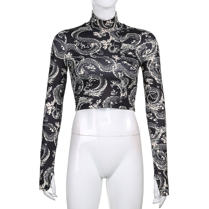 Áo Thun Lửng Tay Dài In Hình Rồng Cá Tính Cho Nữ