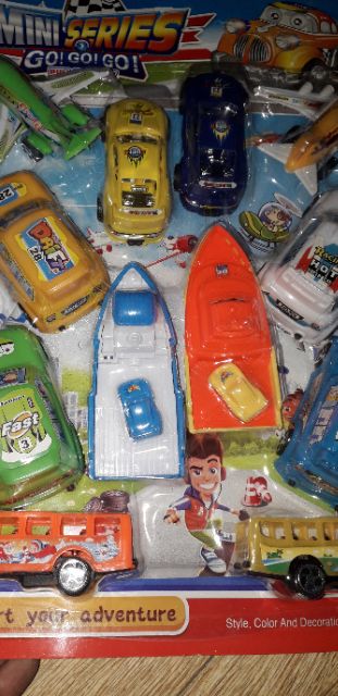Set 12 mô hình xe tàu và máy bay bằng nhựa chạy chớn