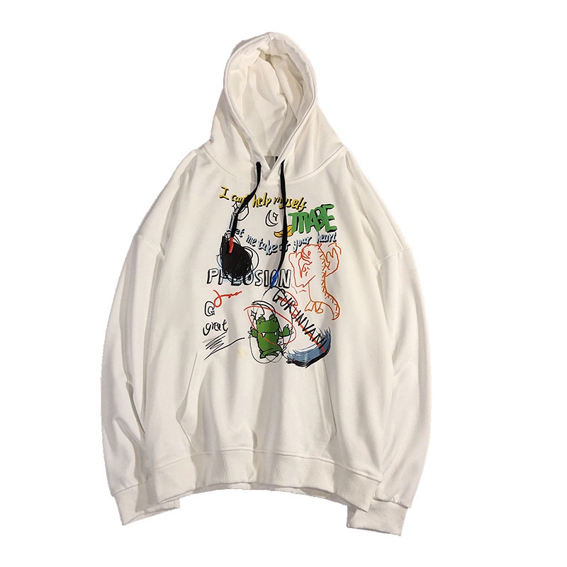 Áo hoodie cổ tròn dáng rộng họa tiết graffiti phong cách hiphop mới 2021 cho nam