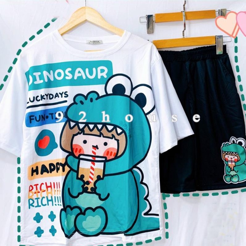 Đồ bộ nam nữ đẹp unisex Khủng long kute|Set đồ đôi/cặp, nhóm, lớp, gia đình áo thun, quần short mặc nhà đi chơi