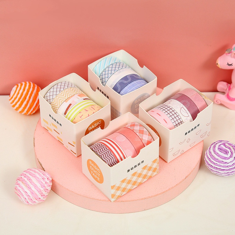 Hộp 5 cuộn băng dính washi RUIXIANG họa tiết hình học đơn giản trang trí sổ tay thủ công