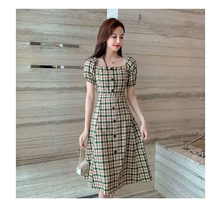 Đầm Tay Phồng Họa Tiết Sọc Caro Thời Trang Pháp Cho Nữ