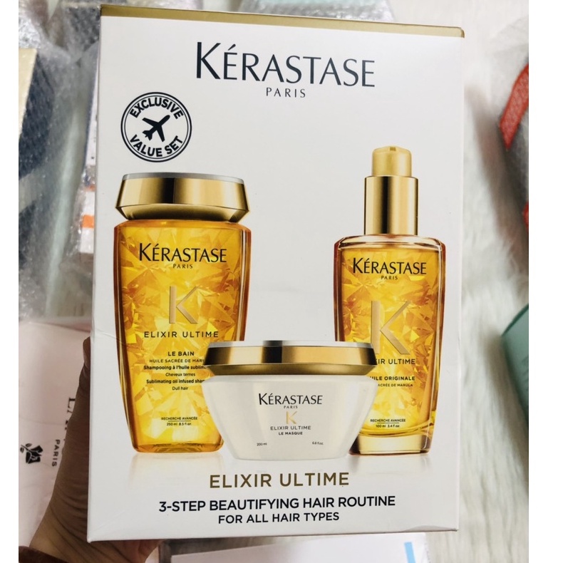 KERASTASE Set Combo 3 món dầu gội, mặt nạ ủ, dầu dưỡng tóc Kerastase ELIXIR ULTIME 3-STEP ROUTINE SET
