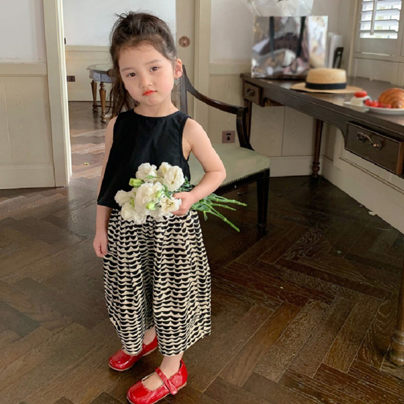 Bộ Áo Hai Dây Thắt Nơ + Quần Ống Rộng Phong Cách Hàn Quốc Thời Trang Mùa Hè Cho Bé Gái