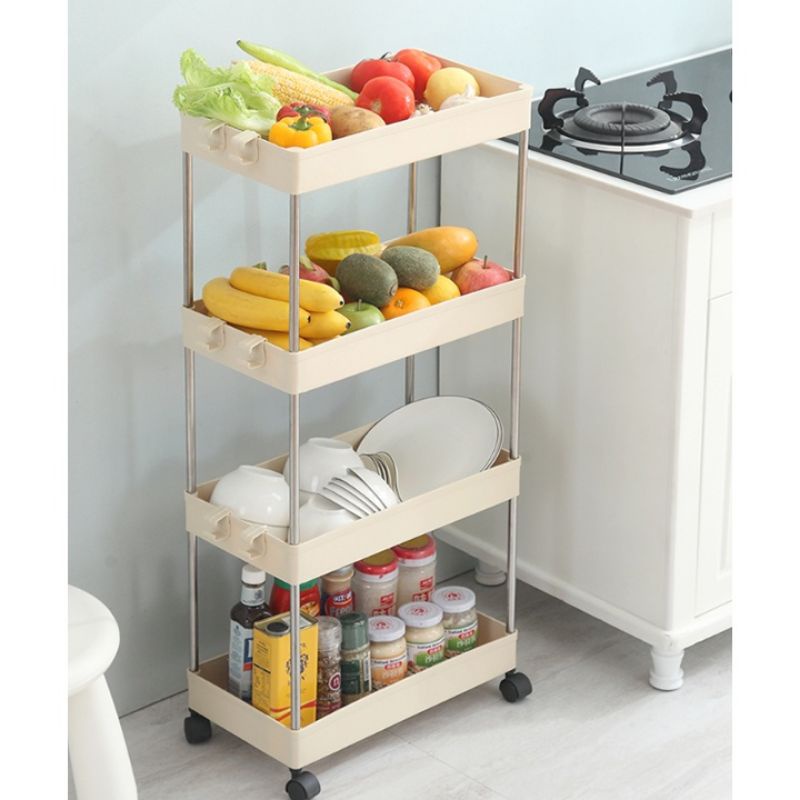 Kệ để đựng đồ đa năng 4 tầng có bánh xe đẩy spa di động nhà bếp phòng tắm khung inox chắc chắn
