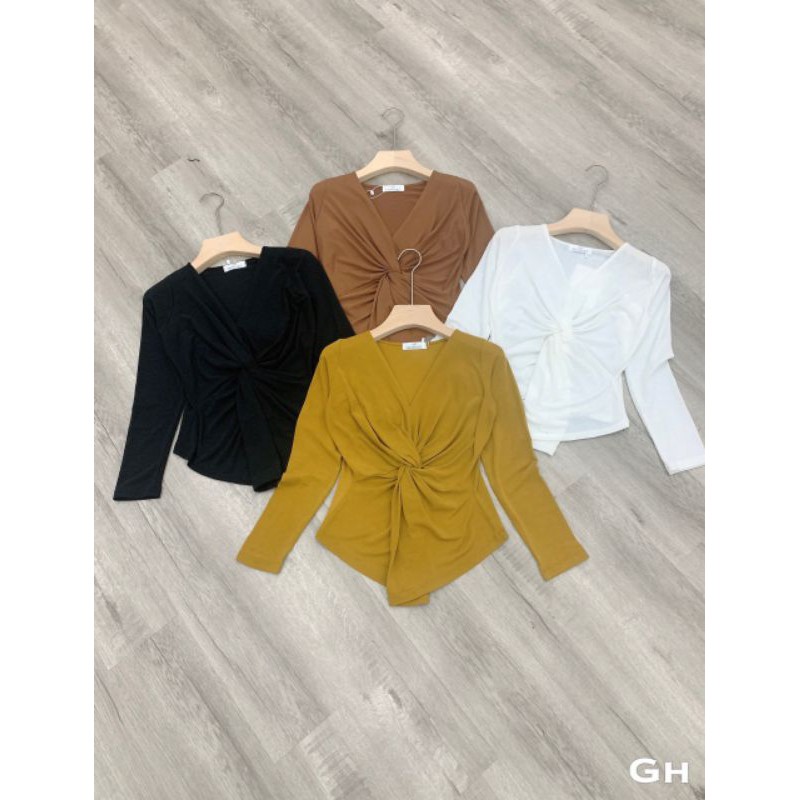 Áo Thun Tay Dài Xoắn eo cổ tim chất cotton dẻo QC còn màu xanh