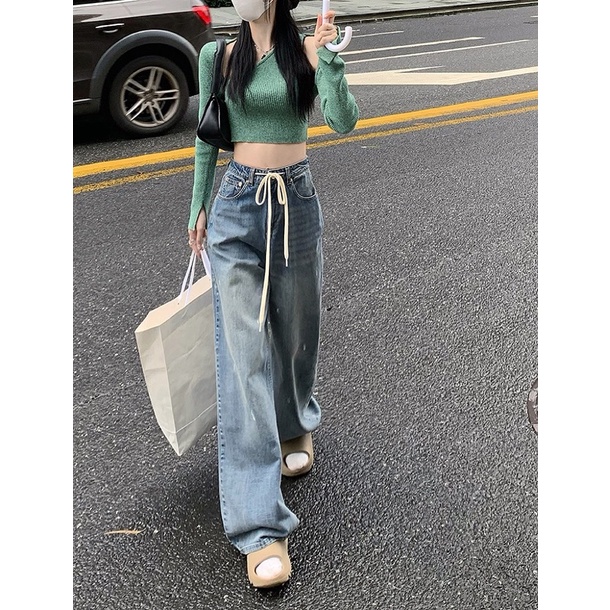Quần Jennie Jeans Ống Suông Rộng Chun Ẩn Xanh Retro Tôn Dáng
