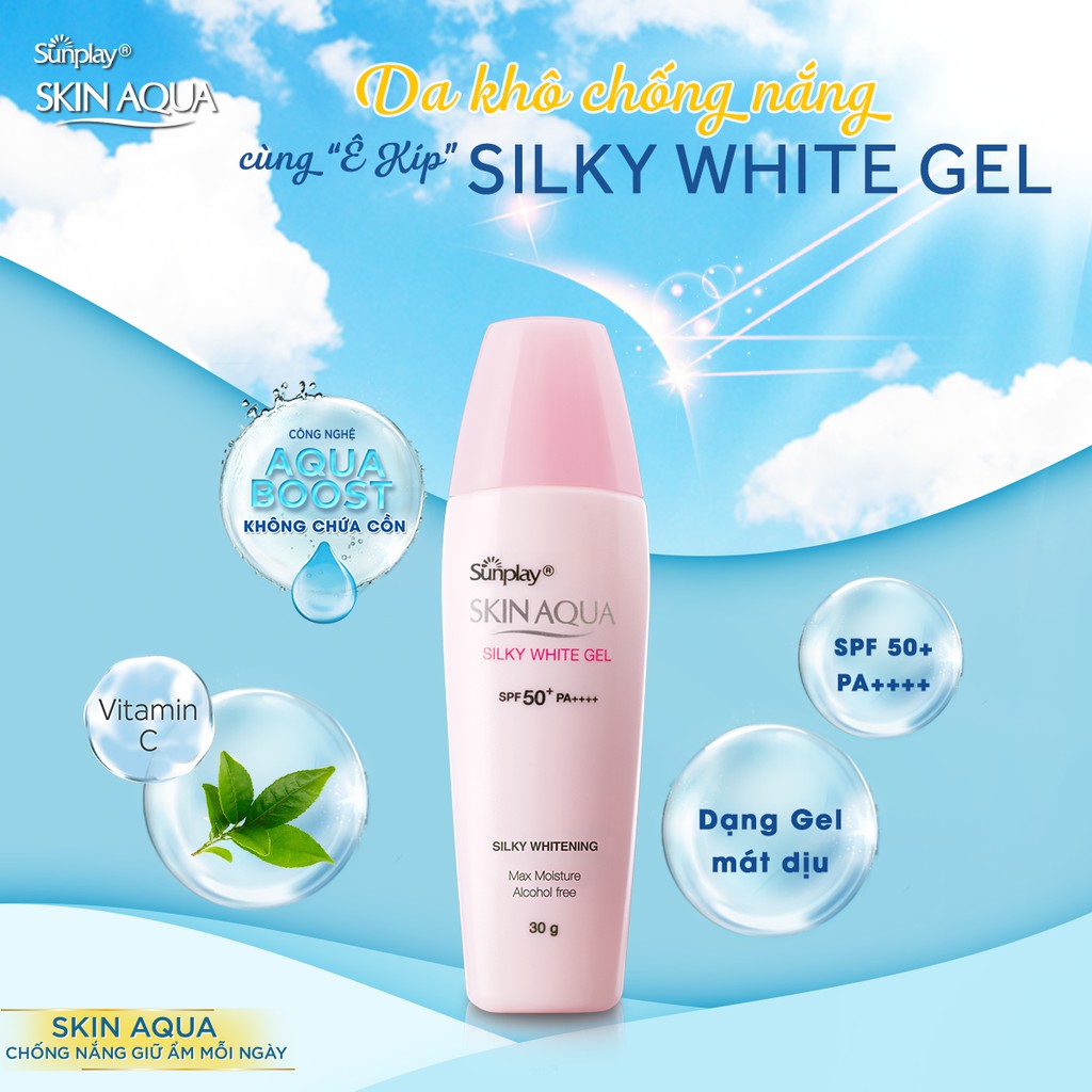 MUA 1 TẶNG 1 MASK- Gel chống nắng dưỡng da trắng mượt Sunplay Skin Aqua Silky White Gel SPF 50+, PA++++ 30G