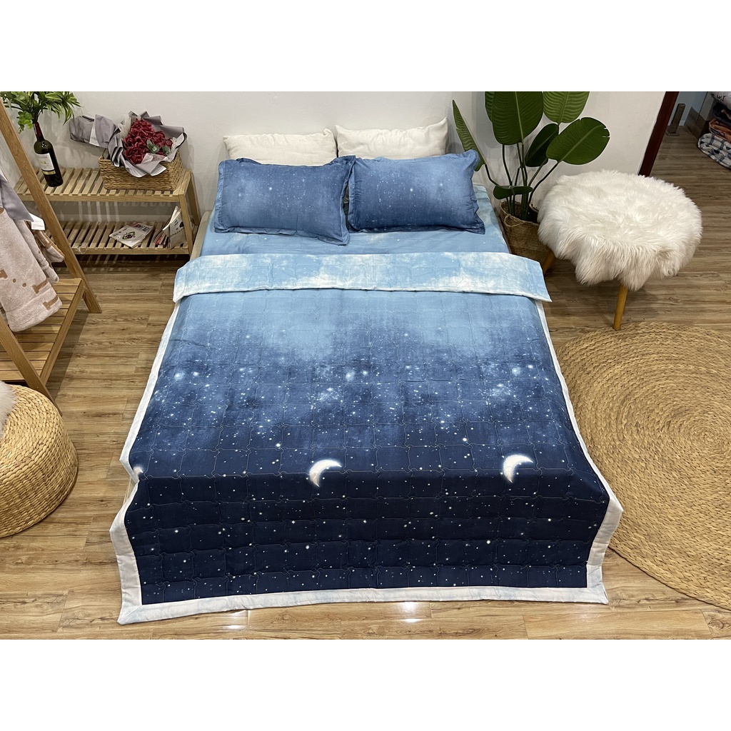 Set ga gối chăn hè chần bông 5 món Cotton EMMIBedding, mẫu màn đêm mền cotton họa tiết đáng yêu