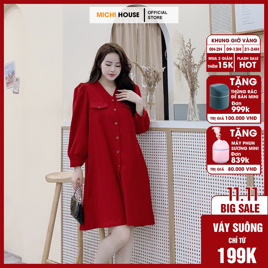Váy suông nhung cổ V cài nút, đầm xuông rộng form chữ A tay dài bo phồng 2 màu đỏ, nâu mã V62 - Michi's House