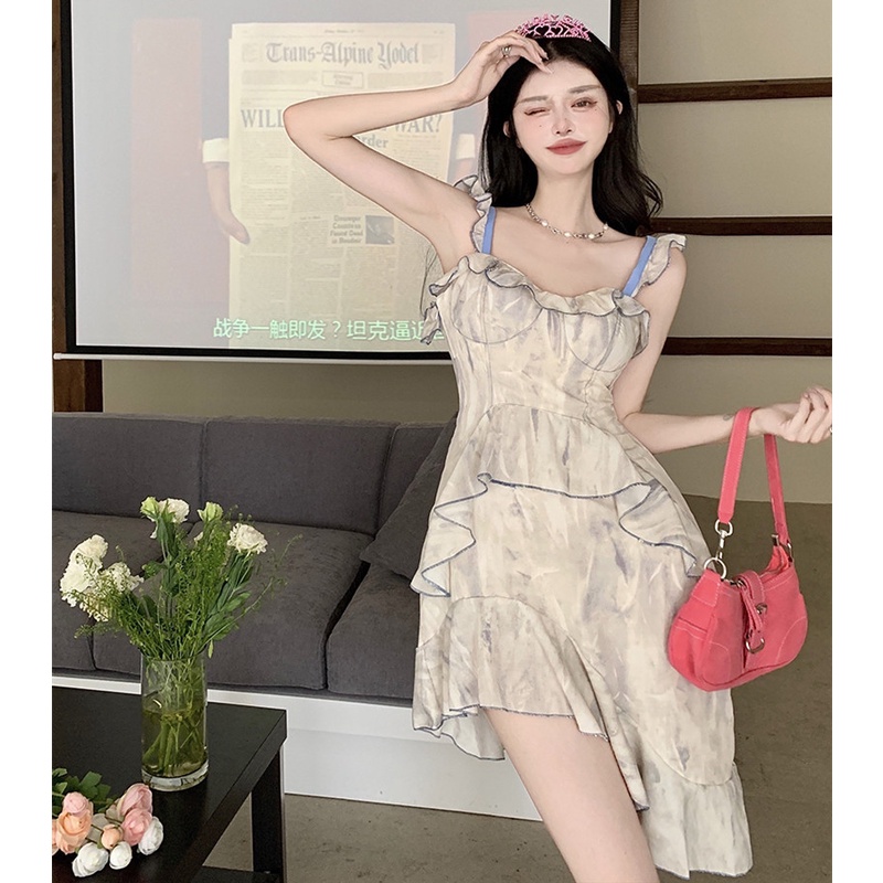 Đầm Hai Dây Nhún Bèo Màu Nhuộm Tie-Dye Thời Trang Mùa Hè