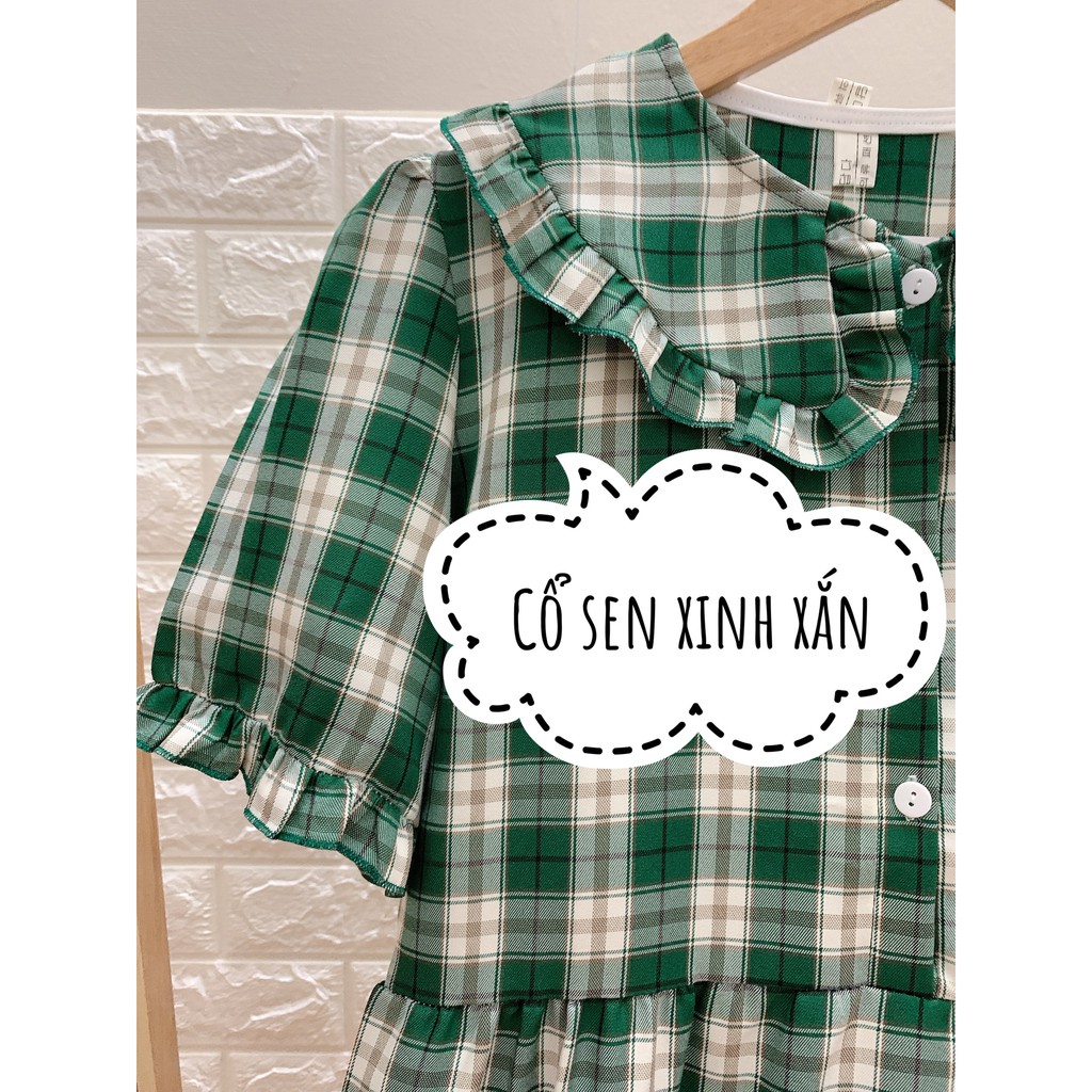 Váy Bầu Baby Doll Kẻ Caro Xanh Cổ Sen Logo Dứa Thêu Đẩm Bầu Công Sở Dễ Thương HD2831 Honey Mommy